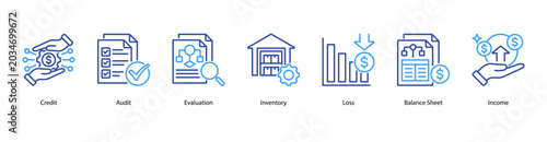 Accounting Essentials web banner icon vector illustration featuring Credit, Audit, Evaluation, Inventory, Loss, Balance Sheet, and Income.