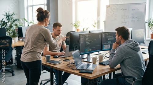 Software developers working together on code at desk, debugging and programming computer software in bright startup office environment with whiteboard diagrams