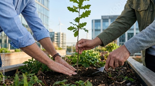 Team planting a young tree together in urban garden, community environmental sustainability and green initiative concept