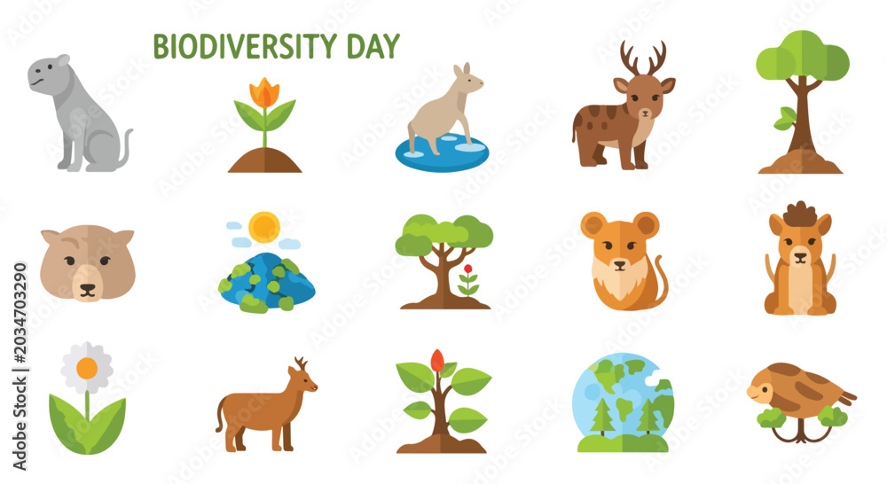 Fototapeta premium Biodiversity Day vector icon set, flat wildlife and nature elements for conservation, 15 environmental sustainability symbols for ecology