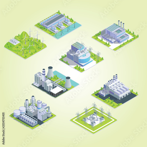 Cartoon color different types industrial energy building set concept 3d isometric view vector urban collection smart factory company