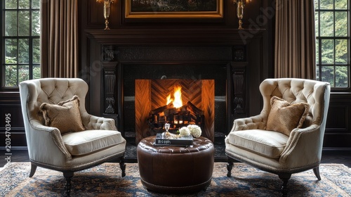 Elegant wingback chairs by fireplace in luxurious study