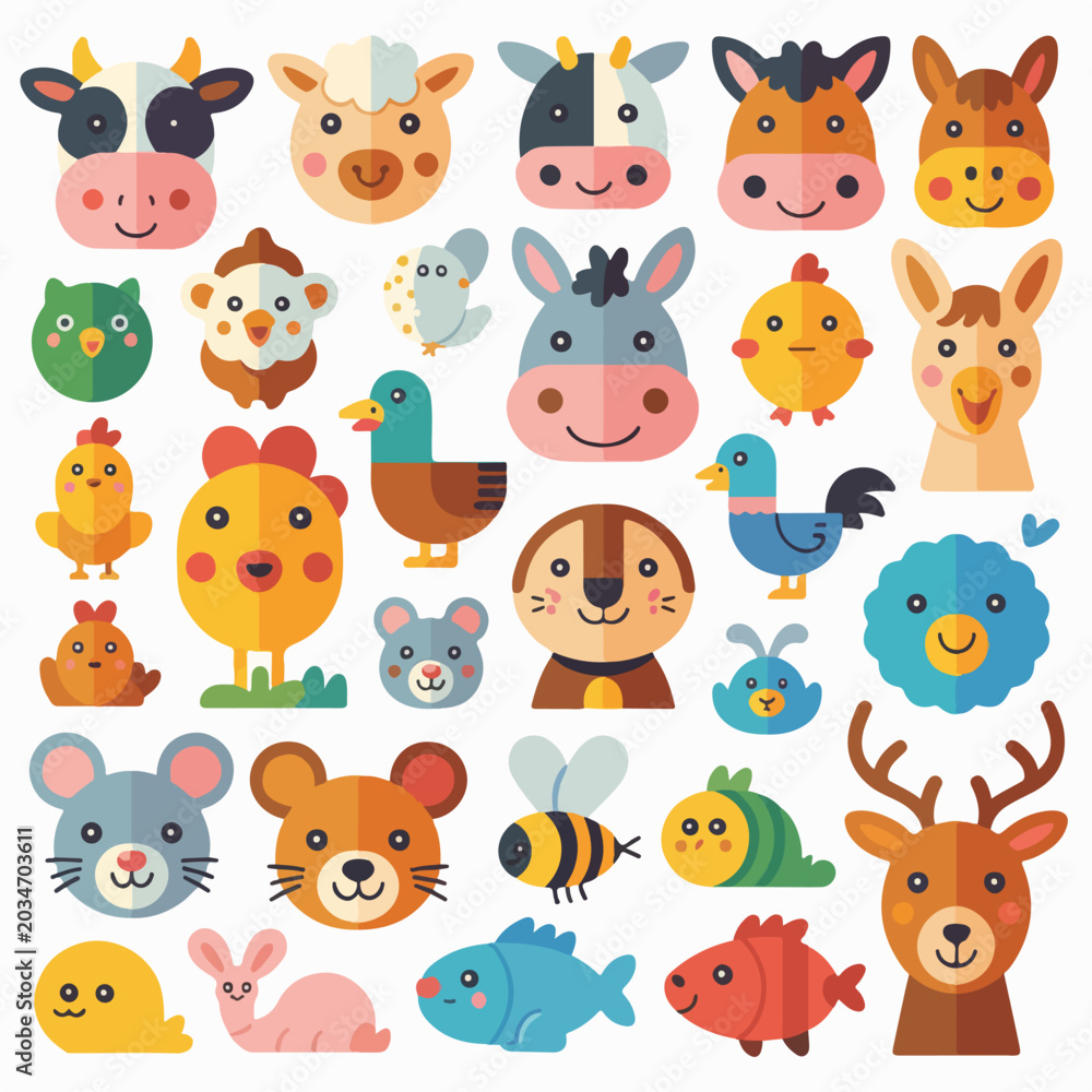 Obraz premium Cute Farm and Cartoon Animal Flat Vector Collection