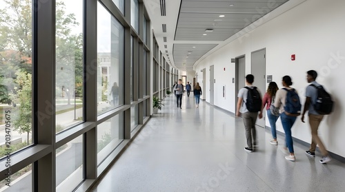 Modern University Building Hallway with Students