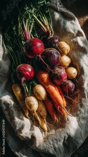 Freshly harvested root vegetables including red beets, yellow turnips, and orange carrots arranged on a textured linen cloth with natural lighting highlighting their colors and shapes