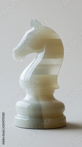 Elegant translucent chess knight piece made from onyx with smooth surface and subtle color variations, positioned against a plain light background, showcasing intricate details and craftsmanship