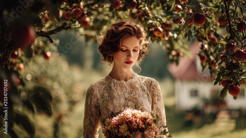 Young woman in vintage lace dress stands under apple tree, holding bouquet of flowers, with lush greenery and a rustic house visible in the background, creating a serene outdoor scene