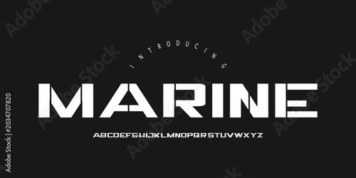Marine: A futuristic tactical navy display. Bold extended stencil font for military branding, gaming logos, and tech posters.