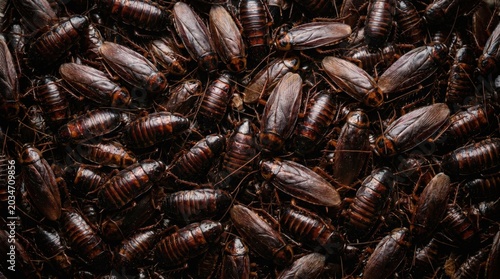 Dense colony of brown cockroaches swarming together in a dark environment creating a disturbing texture of overlapping insects and shiny exoskeletons