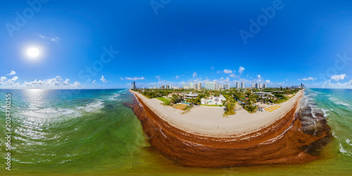 Фотография Aerial 360 photo of sargassum overgrowth on a Florida beach with luxury oceanfro