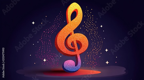 Glowing treble clef with blue to purple to bright orange gradient, flowing pink and blue light lines, dark starry background. 