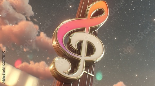 Commercial neon treble clef artwork with blue purple orange gradient, flowing pink and blue light lines, dark starry background. 