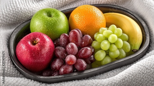 Top down fruit basket with dark red and light green grapes side by side, green and red apples, orange, banana, on textured white background.