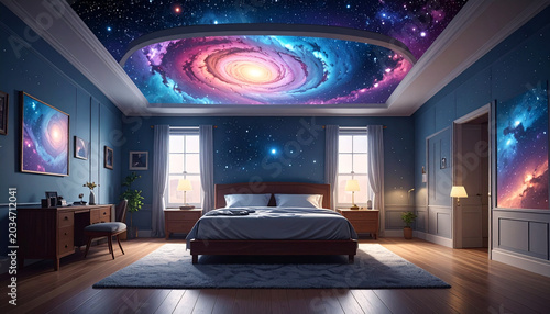 Galaxy bedroom interior with starry night sky projection