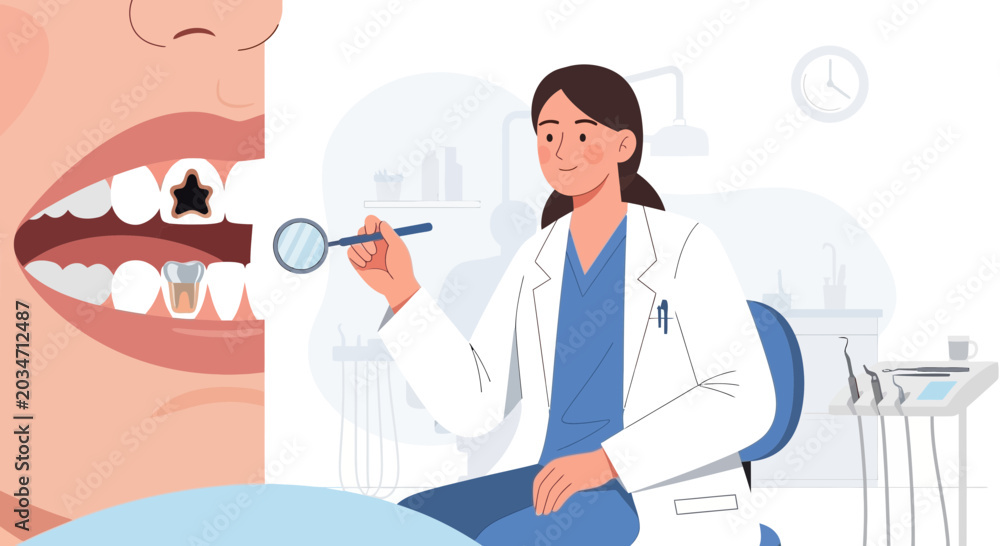 Fototapeta premium Dentist examining tooth with cavity in cartoon style