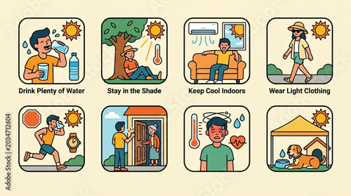 Collection of illustrated icons depicting heatwave safety tips including drinking water, staying in shade, keeping cool indoors, wearing light clothing, and protecting pets