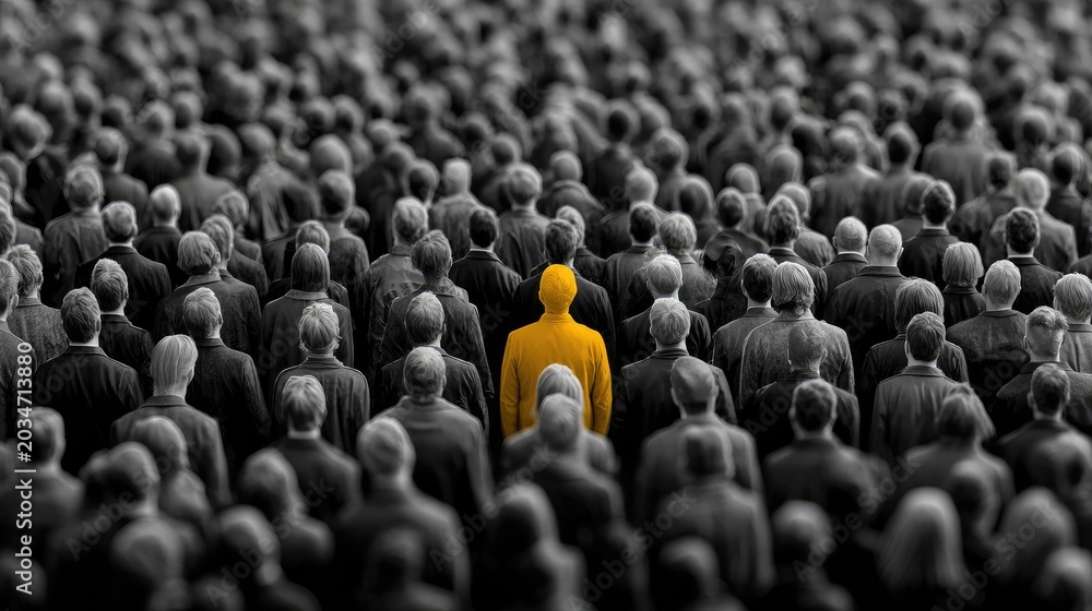 Obraz premium Stand Out in the Crowd: Unique Yellow Figure in a Sea of Monochrome Individuals