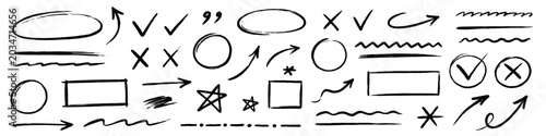 Line arrow brush doodle set. Hand drawn line arrow brush underline marker check pen highlight texture. Crayon chalk scribble circle curve star wave squiggle grunge background. Vector illustration