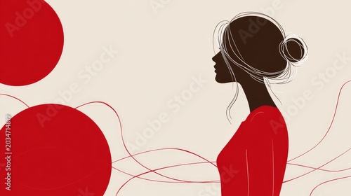 Minimalist Silhouette of a Woman with Red Circles and Abstract Lines