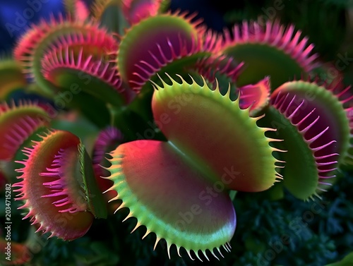 Vibrant Venus flytraps display their open, toothy traps, revealing striking green, pink, and red hues in a captivating close-up of these predatory plants