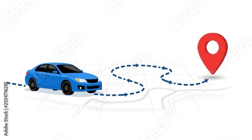 Blue car tracking a curved dotted route toward a red map pin location