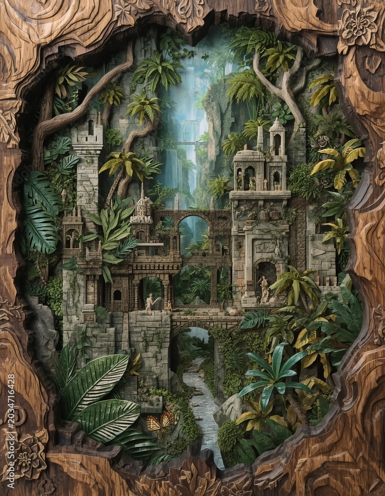 Obraz premium 3D Wood Carved Diorama of Ancient Jungle Ruins and Deep Waterfall