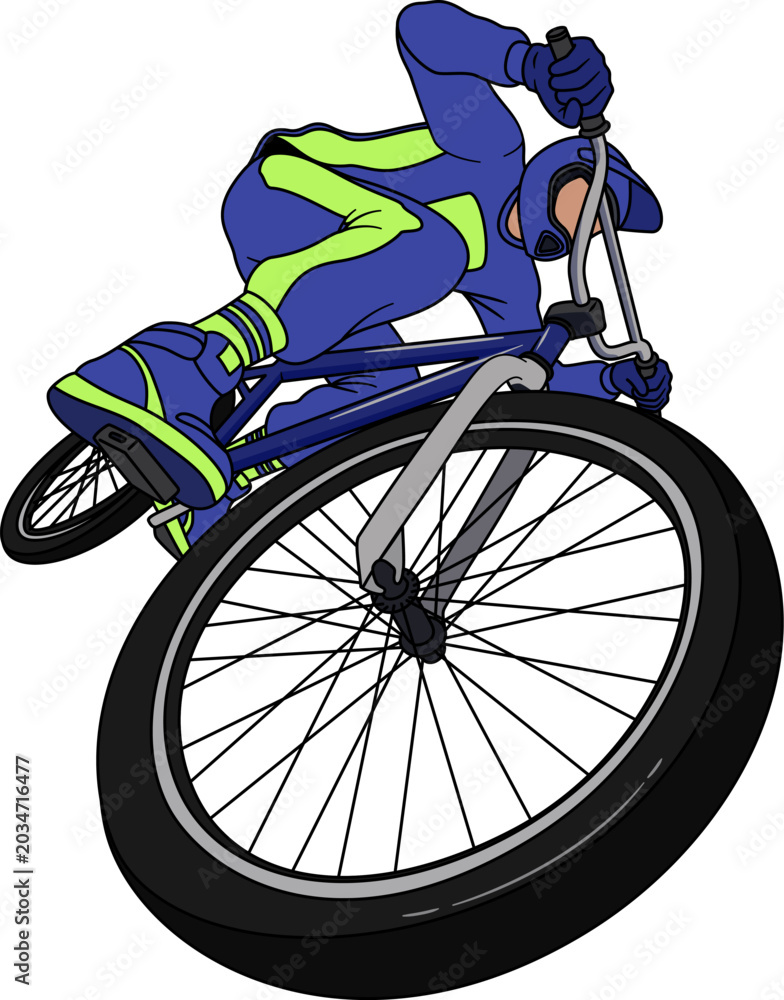Fototapeta premium Stylized illustration of an extreme BMX rider performing an action stunt in a low-angle with dramatic perspective. Urban cycling artwork expressing speed, youth culture, freestyle biking, and motion