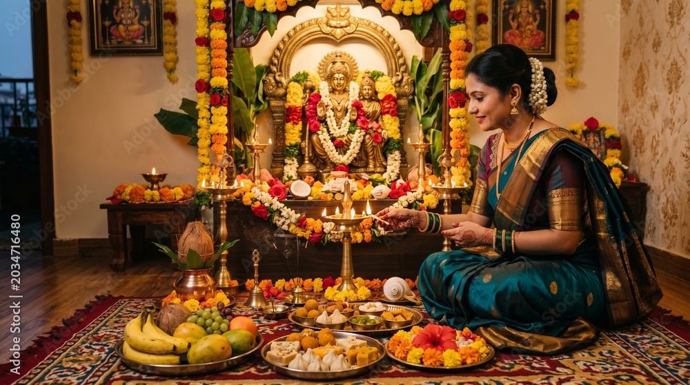 Fototapeta premium Parama Ekadashi Puja Celebration with Devotional Offerings at Home 