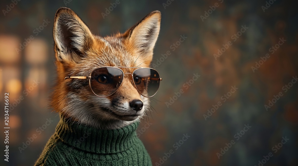 Naklejka premium Hipster Fox Portrait in Green Sweater and Sunglasses