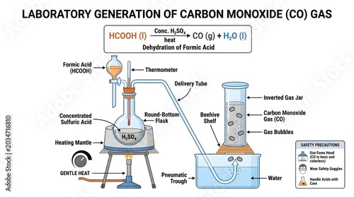 Laboratory Generation of Carbon Monoxide (CO) Gas: Dehydration of Formic Acid Using Concentrated Sulfuric Acid, Detailed Round‑Bottom Flask Apparatus, Gas Collection over Water and Essential Hazard Sy