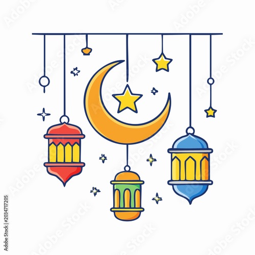 Ramadan Kareem decorative elements: crescent moon, lanterns, and stars