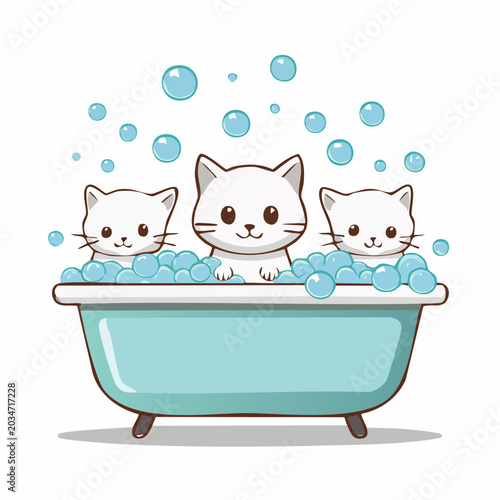 Three Cute White Kittens Taking a Bubble Bath