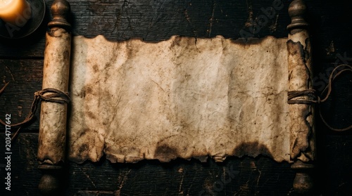 An ancient parchment scroll with burnt edges resting on dark wood