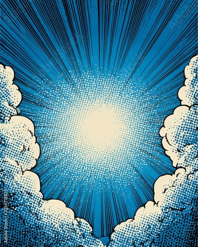 Stylized radiant light burst graphic from behind dramatic cumulus cloudscape background