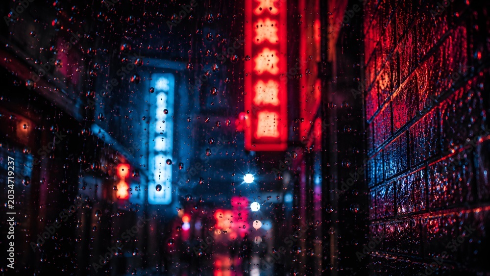 Fototapeta premium Rainy Night in a Cyberpunk City Alley with Neon Signs and Water Drops on Glass