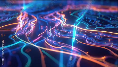 Spectral neon lighting illuminates abstract topographical data networks and vibrant fiber optic trails in this moody macro photography concept representing digital communication and cyberspace.
