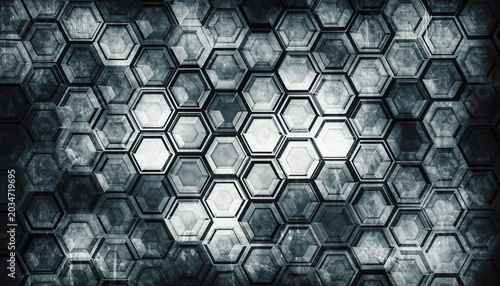 Aggressive dramatic lighting highlights the distressed metallic textures of this dadaist inspired repeating hexagonal geometric pattern creating a dark industrial background with deep shadows.