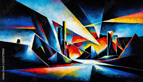 Dynamic composition of sharp angular geometric shapes resembling a fragmented metropolis painted in a bold neo-expressionist style with stark lighting and vibrant primary colors.