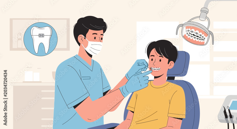 Fototapeta premium Dentist Adjusting Braces on Young Patient in Dental Clinic