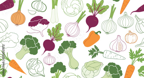 Dense pattern of various vegetables including carrots, broccoli, onions, and beets, promoting healthy eating and fresh agricultural produce.