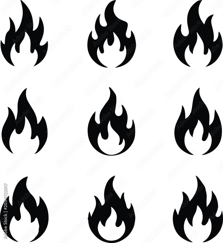 Ταπετσαρία Flames black silhouette set with burning fire icons and blazing elements on whit