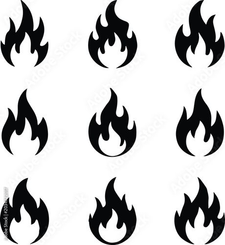 Fotografie Flames black silhouette set with burning fire icons and blazing elements on whit