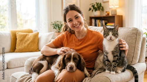 A happy woman sitting on a couch with her pet dog and cat