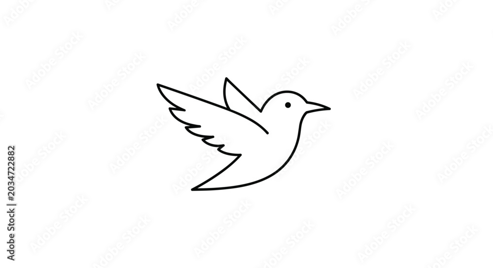 Obraz premium Minimalist black outline of a small bird captured in mid flight with wings spread wide against a clear white background.