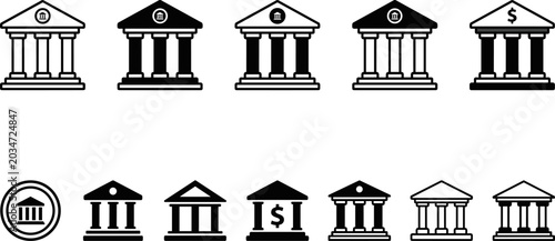 Photos Bank building and courthouse icon set featuring classic architectural pillars, f