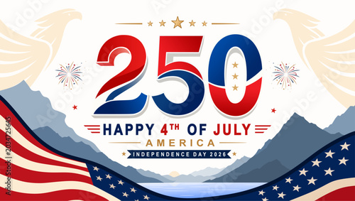 Happy 4th of July 2026 Banner for USA 250th Independence Day. Patriotic American Semiquincentennial banner celebrating the 250th anniversary of the United States.