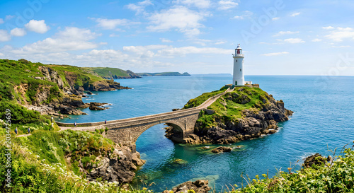 South Stack Lighthouse and Stone Bridge on the Rugged Coastline of Anglesey, Wales