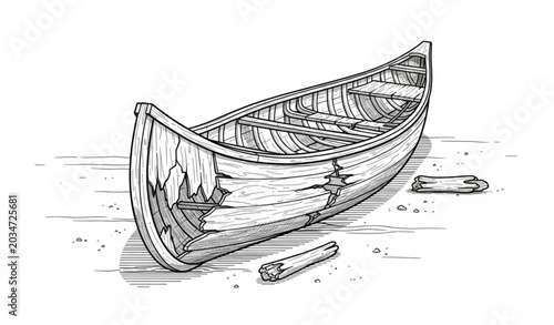 Tableau sur toile Damaged wooden boat on water with broken planks