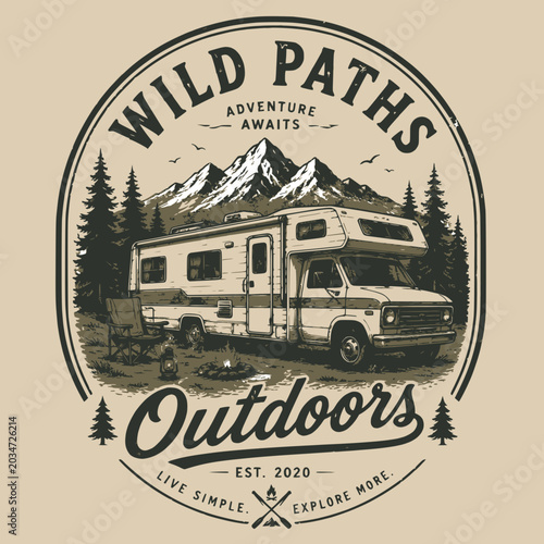 Vintage outdoor camping emblem with RV camper truck, mountains and pine trees illustration