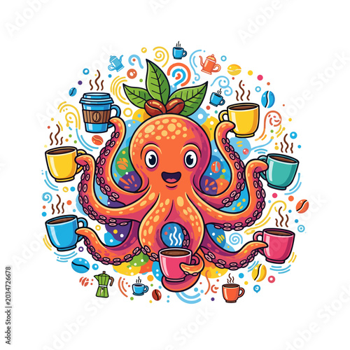 Cute Octopus Holding Multiple Coffee Cups Vibrant Cartoon Illustration Caffeine Lover Art
